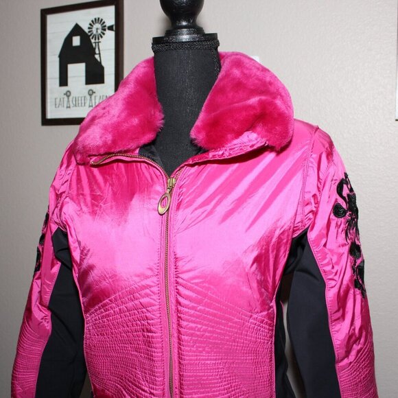 Obermeyer Womens Vintage Ski Snowboard Jacket Coat Pink Black Size 2 Embroidery - Picture 2 of 15